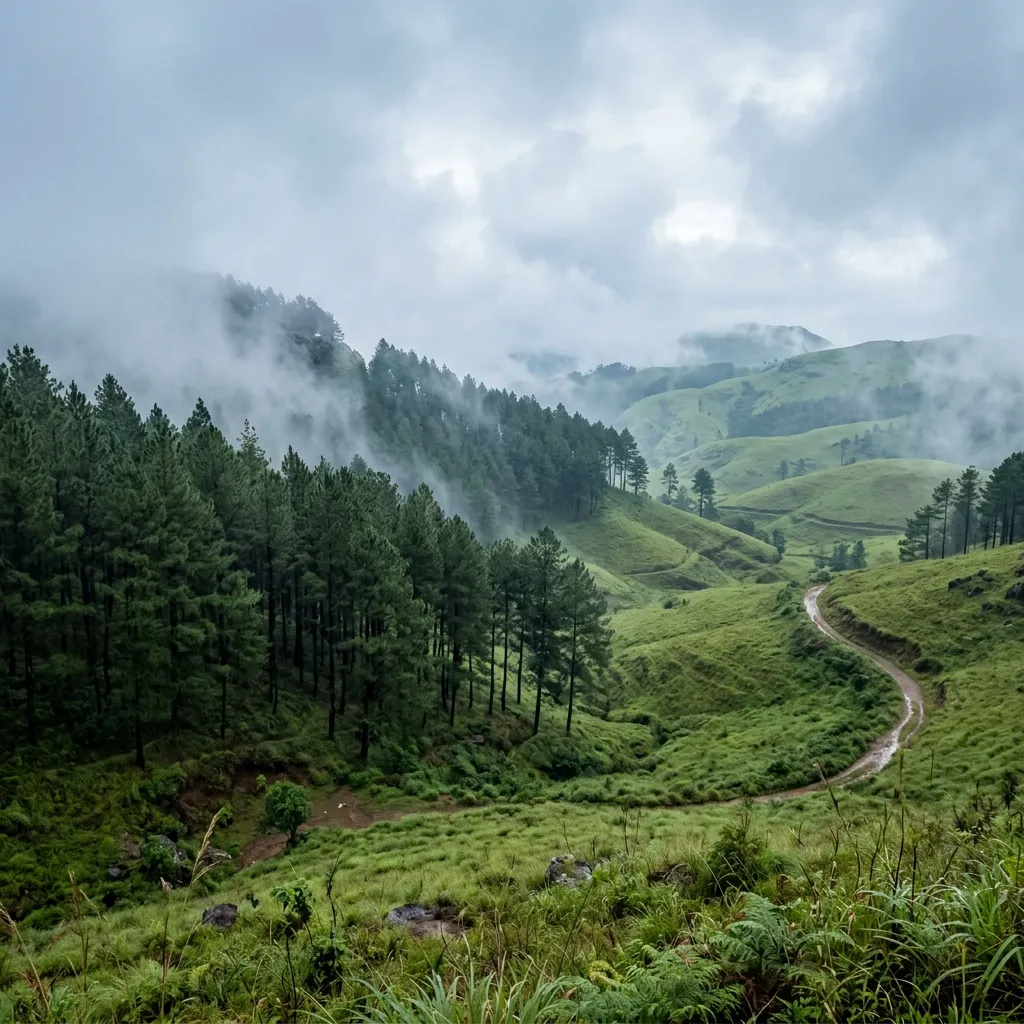 Vagamon Pine Forest and rolling green meadows in Kerala